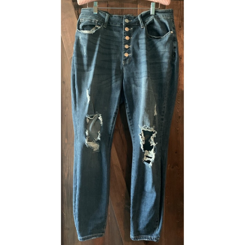 Judy Blue Skinny Fit Jeans Women's 16W Dark Wash Button Fly Distressed Denim‎